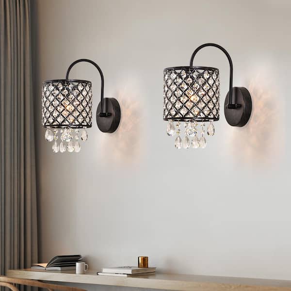 Indianapolis 1-Light Dimmable Black Armed Sconce with Crystal Accents (Set of 2)