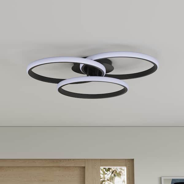 21.65 in. 3-Light Modern Black 40-Watt LED Semi-Flush Mount 3 Rings Circle Close to Ceiling Light Fixture