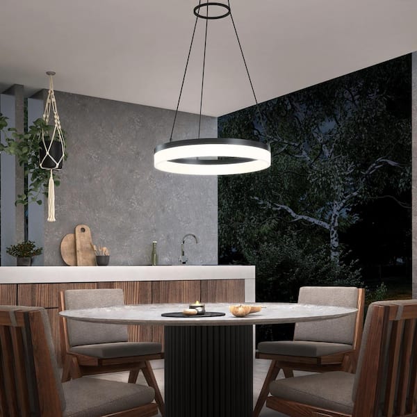 Optical Ring 1-Light Black Modern 3 CCT Intergrated LED Outdoor Ceiling Hanging Porch Pendant Light