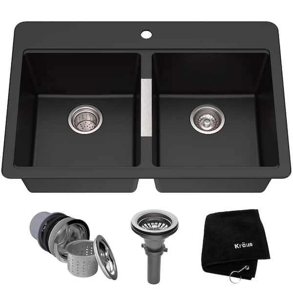 Quarza Black Onyx 33 Inch Drop-in / Undermount 50/50 Double Bowl Granite Kitchen Sink