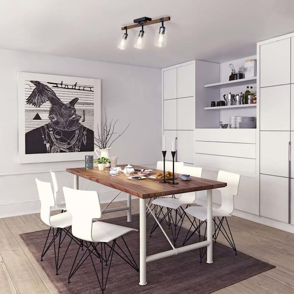 Austin 2 ft. 3-Light Faux Wood Fixed Track Lighting Kit with Matte Black Accents and Clear Glass Shades