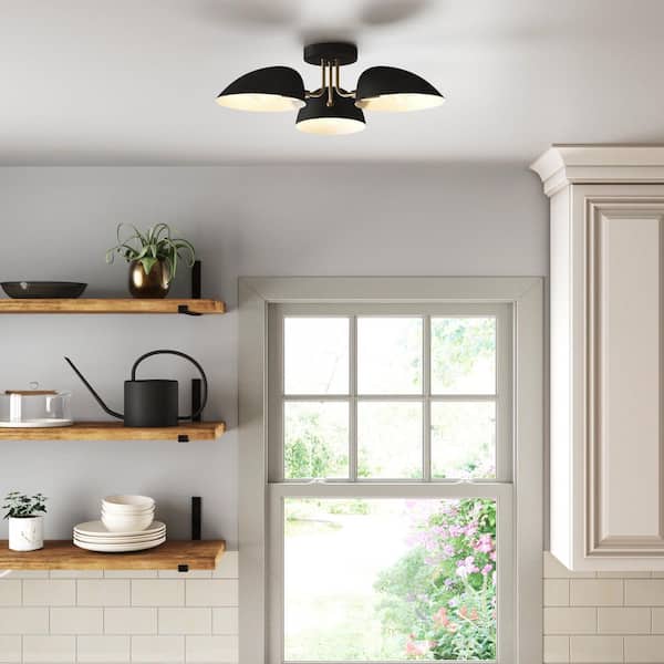 24 in. 3-Light Argo Ceiling Semi-Flush Mount Light Fixture, Retro Modern Light with Black Rounded Shades