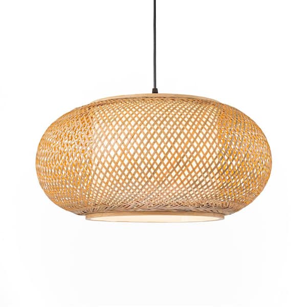 60 -Watt 1-Light Black Oval Bamboo Pendant Light with Fabric Shade, No Bulbs Included