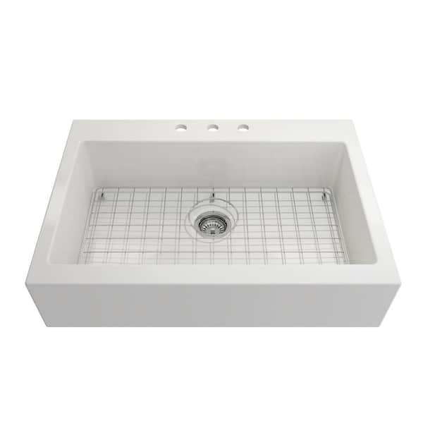 Farmhouse Apron-Front Fireclay 34 in. 3-Hole Single Bowl Kitchen Sink in White with Bottom Grid