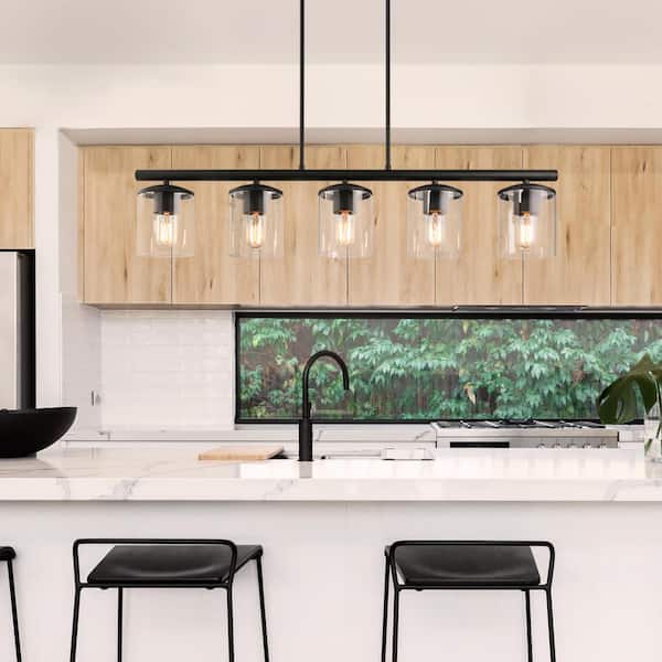 Modern 5-Light 37 in. Matte Black Linear Island Chandelier with Clear Glass Shades, Kitchen Hanging Pendant Light