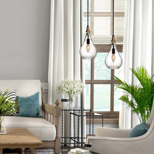 Modern Farmhouse Teardrop Kitchen Island Pendant Lighting Maya 1-Light Black Wood Pendant Light with Seeded Glass Shade