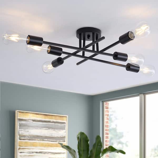 Industrial 33 in. 6-Light Black Linear Semi-Flush Mount Light Sputnik Ceiling Light