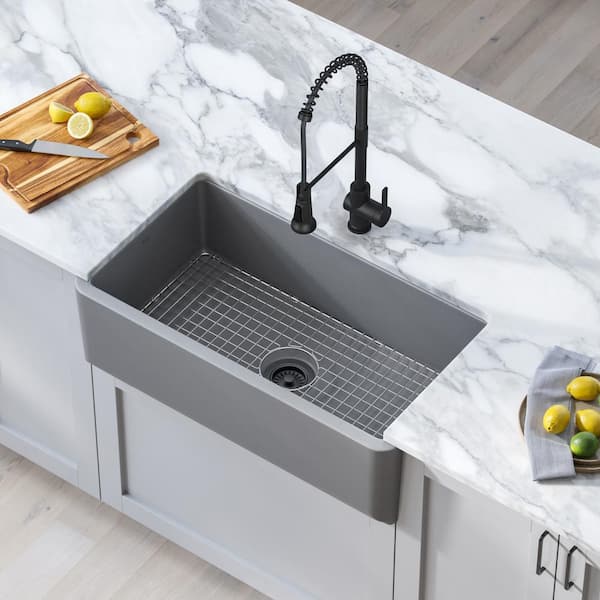 Turino Matte Gray Fireclay 33 in. Single Bowl Farmhouse Apron Kitchen Sink