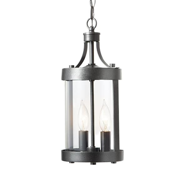 Glastonbury Caged 2-Light Aged Iron Outdoor Pendant Light Fixture with Clear Glass