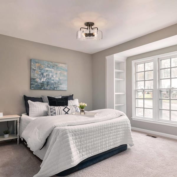 Modern Oil Rubbed Bronze Drum 12 in. 4-Light Semi-Flush Mount Ceiling Light with Seeded Glass Shade