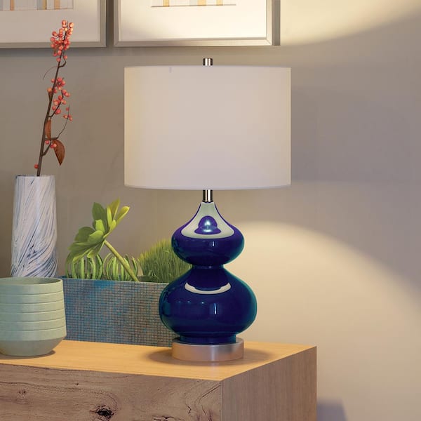 Katrina 23 in. Navy Blue Glass and Satin Nickel Table Lamp with Fabric Shade