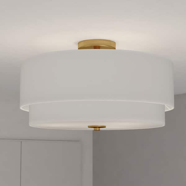 Burnaby 20.5 in. W Brass Mid-Century Modern Drum Semi-Flush Mount Ceiling Light White Linen