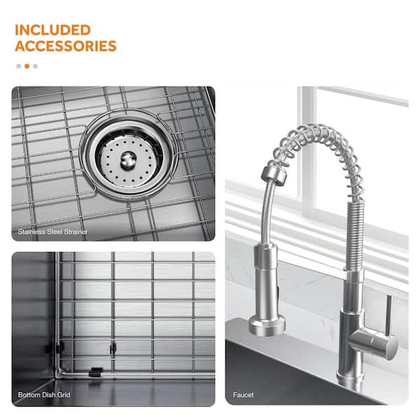AIO Tight Radius Drop-In/Undermount 18G Stainless Steel 33 in. 50/50 Double Bowl Kitchen Sink with Spring Neck Faucet