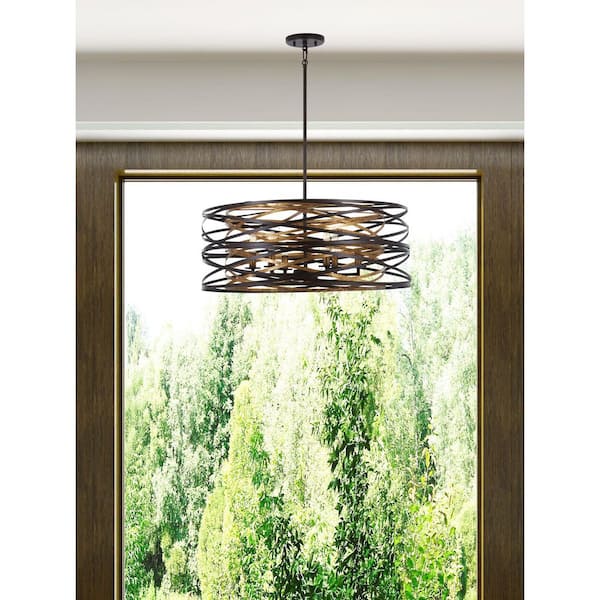 Vortic Flow 6-Light Dark Bronze with Mosaic Gold Interior Pendant