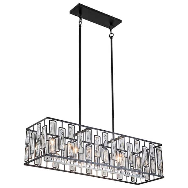 5-Light Black Rectangular Island Chandelier with Faceted Crystals