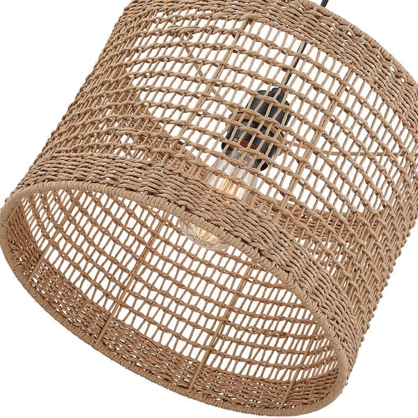 Bohe 13.8 in. 1-Light Black Bohemian Island Pendant with Natural Rattan Shade