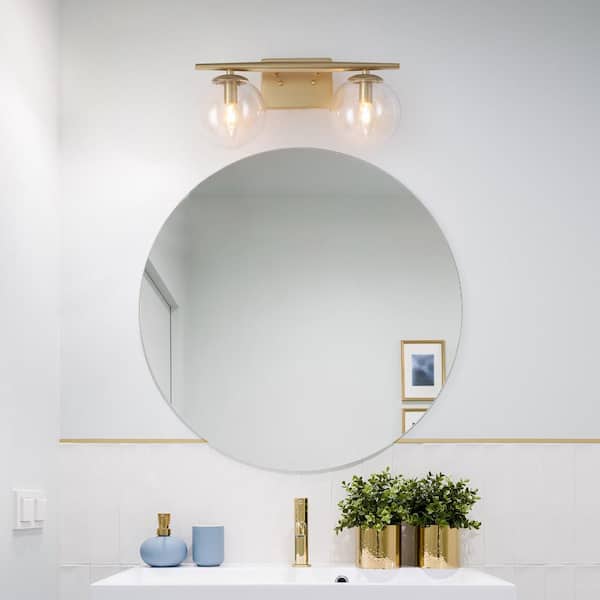 Mid-Century Globe Bathroom Vanity Light 2-Light Modern Brass Gold Round Wall Light with Clear Glass Shades