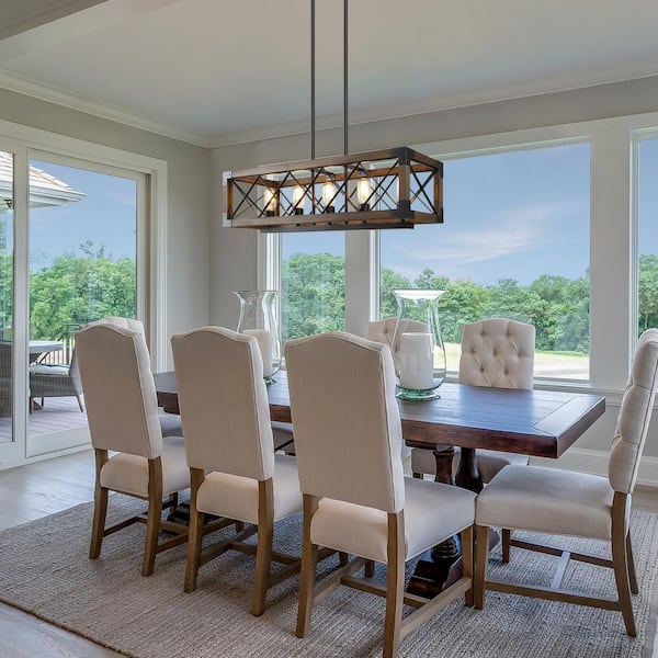 Wood Kitchen Chandelier 5-Light Linear Farmhouse Black Island Dining Room Chandelier Pendant with Rustic Rectangle Frame