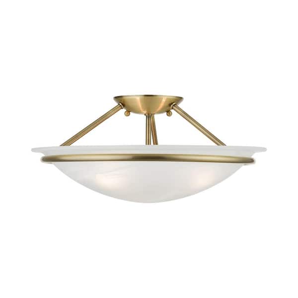 Newburgh 16 in. 3-Light Antique Brass Semi-Flush Mount with White Alabaster Glass