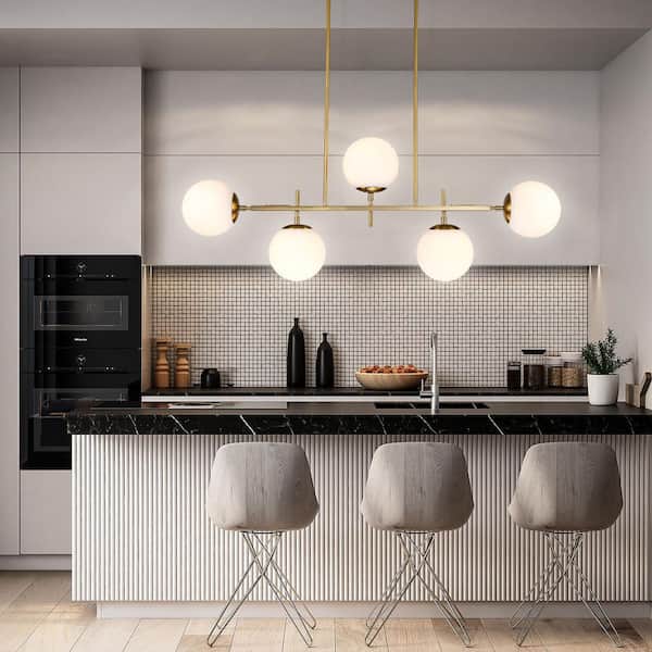 Deerfield 5-Light Brass Kitchen Island Chandelier with Milk Globe Glass Shade