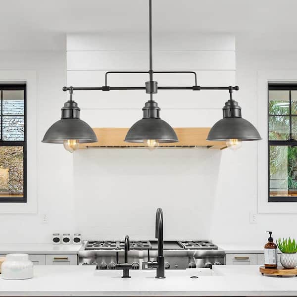 3-Light Industrial Black Dome Island Chandelier Modern Farmhouse Linear Barn Pendant with Rustic Brushed Gray Shades