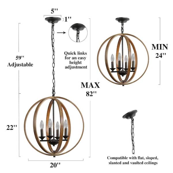 Farmhouse Black Chandelier Globe Cage Candlestick 4-Light Rustic Island Pendant Chandelier with Faux Wood Accent