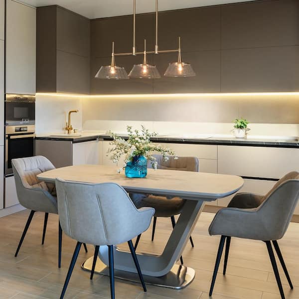 Quoridan 3-Light Plated Brass Modern Island Chandelier with Tapered Drum Clear Seedy Glass Shades