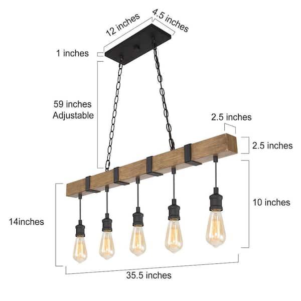 Wood Beam Chandelier 35.5 in. 5-Light Brown Linear Farmhouse Chandelier Island Pendant Light with Wood Accents