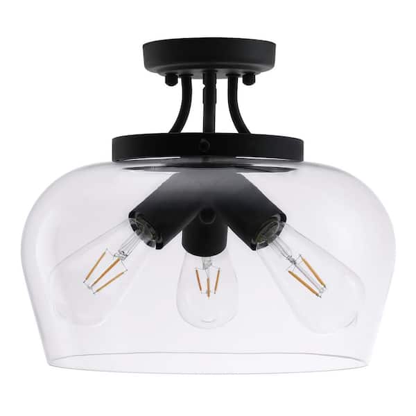 14 in. 3-Light Matte Black Semi-Flush Mount with Clear Glass Shade