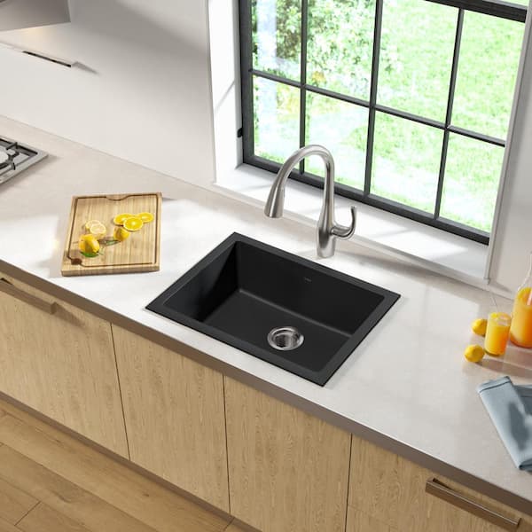 Drop-in/Undermount Granite Composite 24 in. Single Bowl Kitchen Sink Kit in Black
