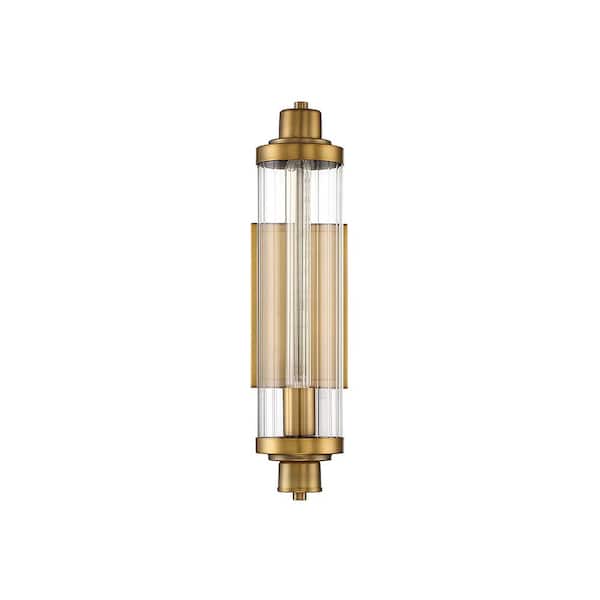 Pike 4.5 in. W x 15.25 in. H 1-Light Warm Brass Wall Sconce with Clear Ribbed Glass Shade