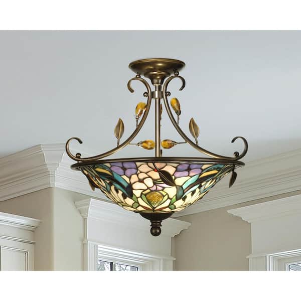 Peony Crystal 2-Light Antique Golden Sand Semi-Flush Mount Light