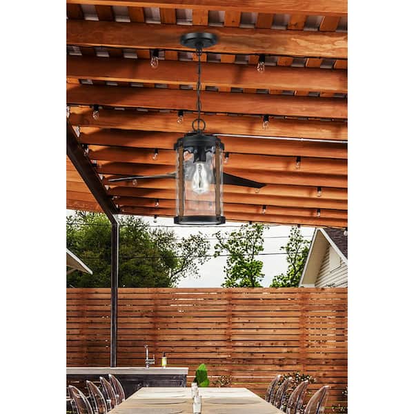 1-Light Matte Black and Barnwood Outdoor Hanging Lantern Pendant Light with Water Glass Shade