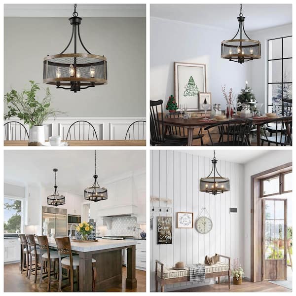 Black Drum Chandelier 4-Light Candlestick Dark Brown Farmhouse Round Pendant with Open Cage Frame and Wood Accent
