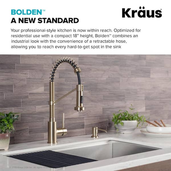 Single Handle 18-Inch Commercial Kitchen Faucet with Dual Function Pull-Down Sprayhead in Brushed Gold Finish