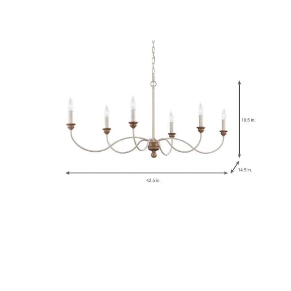 Hartsville 6-Light Chalk Washed White/Light Brown Beachwood Linear Country Coastal Farmhouse Candlestick Chandelier