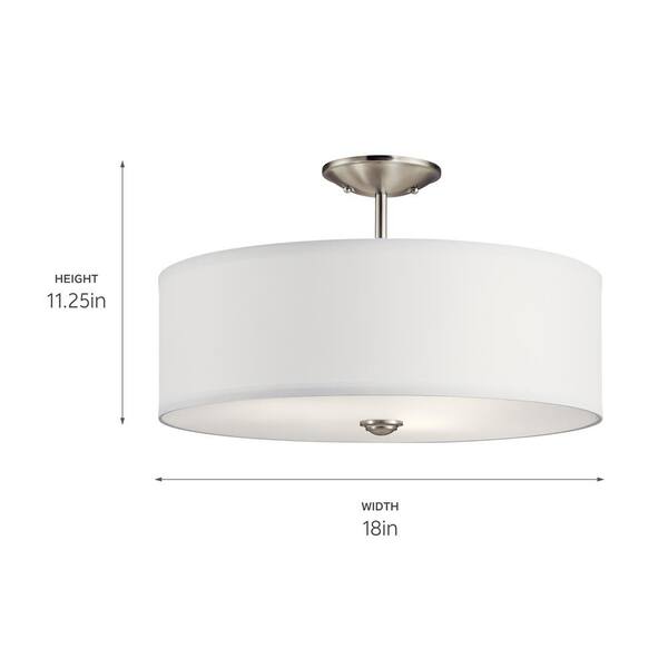 Shailene 18 in. 3-Light Brushed Nickel Round Hallway Transitional Semi-Flush Mount Ceiling Light with Microfiber Shade