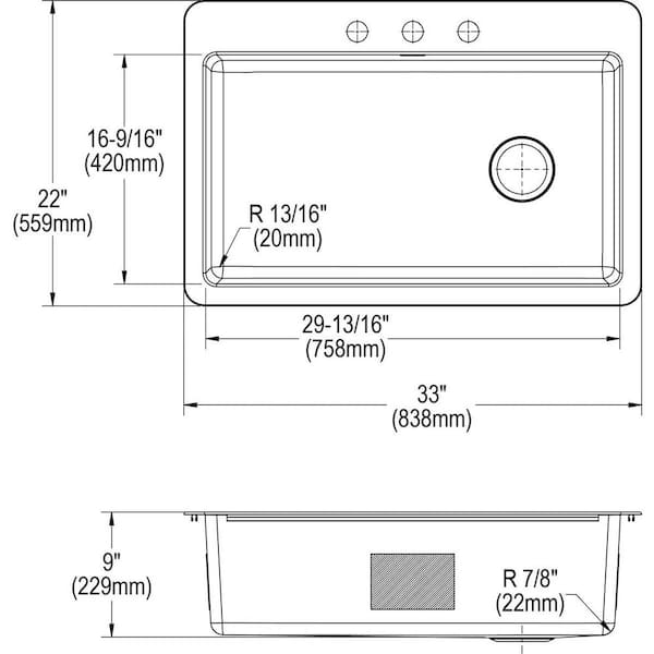 Avenue 33 in. Drop in/Undermount Single Bowl 18 Gauge Stainless Steel Kitchen Sink with Bottom Grid