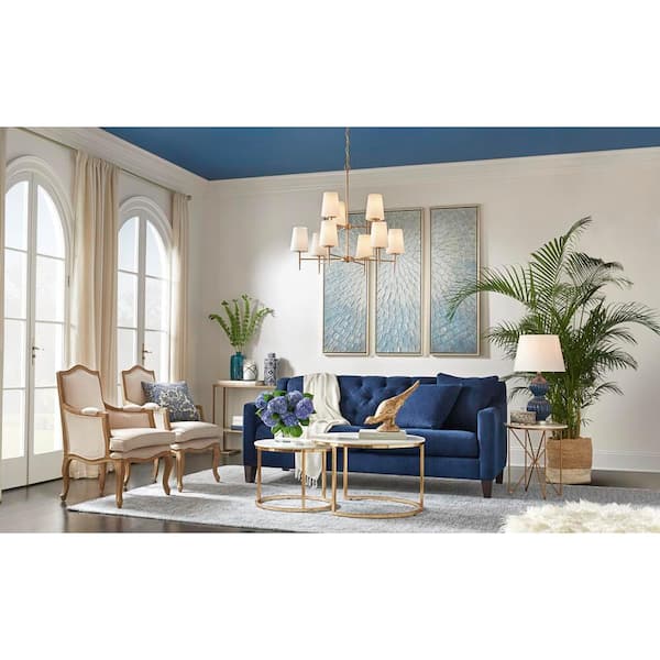 Driscoll 9-Light Satin Brass Mid-Century Modern Hanging Chandelier with Inside White Painted Etched Glass