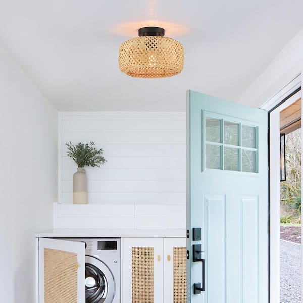 Bungalo 12 in. 1-Light Black/Wheat Bohemian Bamboo Semi-Flush Mount Light with Black Hardware