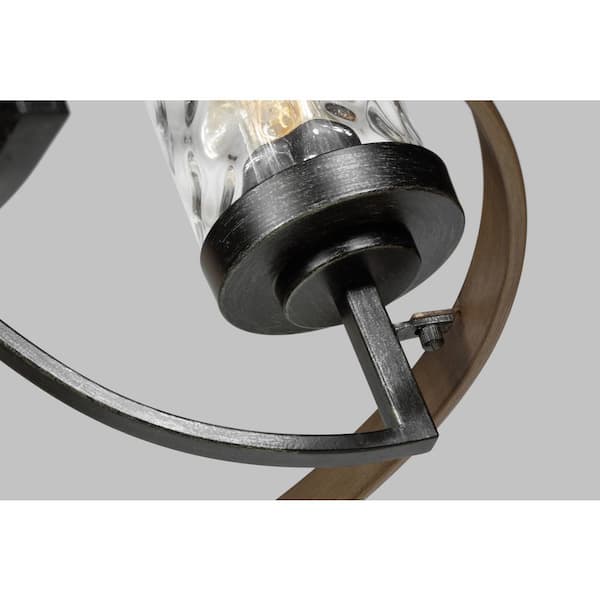 Gaston 5-Light Weathered Gray Rustic Farmhouse Wagon Wheel Chandelier with Distressed Oak Accents and Water Glass Shades