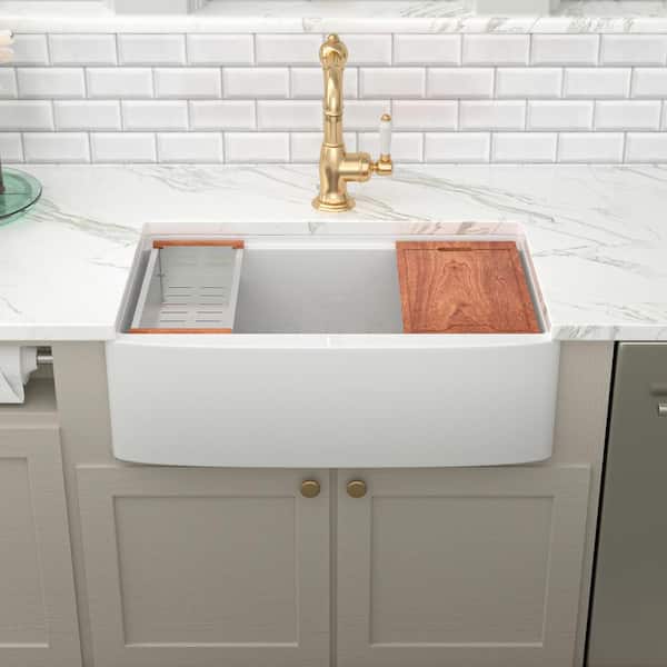 33 in. Apron-Front/Farmhouse Single Bowl Bright White Ceramic Workstation Kitchen Sink with Bottom Grids