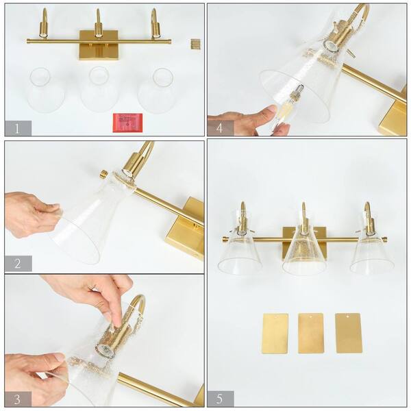 Modern Bell Bathroom Vanity Light, 3-Light Brass Gold Wall Sconce Light with Seeded Glass Shade