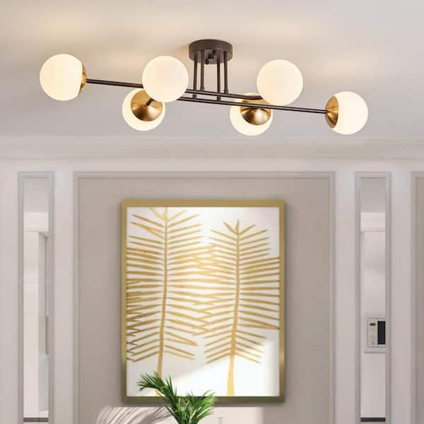 35.4 in. 6-Light Black Modern Sputnik Semi-Flush Mount Ceiling Light Fixture with Glass Shades