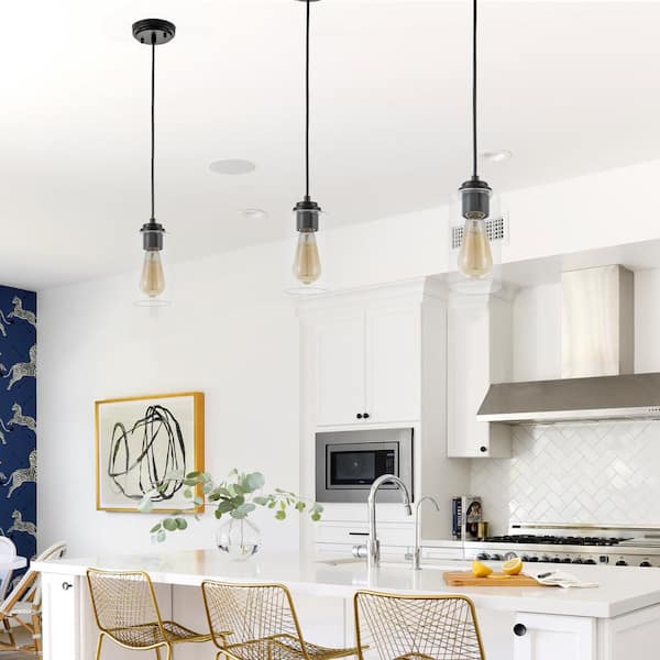 1-Light Black Island Pendant Light with Cylinder Clear Glass(3-Pack)