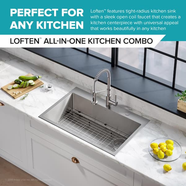 Loften All in One 33 in. Drop In/Undermount Single Bowl 18-Gauge Stainless Steel Kitchen Sink with Pull Down Faucet