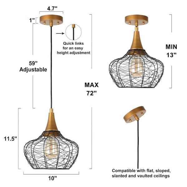 Modern Cage Ceiling Light Lirin 1-Light Brushed Gold Farmhouse Dome Semi-Flush Mount Light with Black Metal Shade