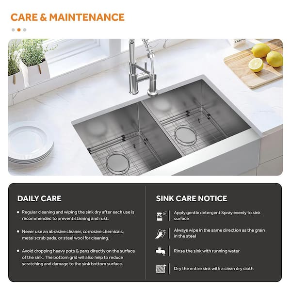 Professional All in One 33 in. Farmhouse Apron-Front Double Bowl Stainless Steel Kitchen Sink with Spring Neck Faucet