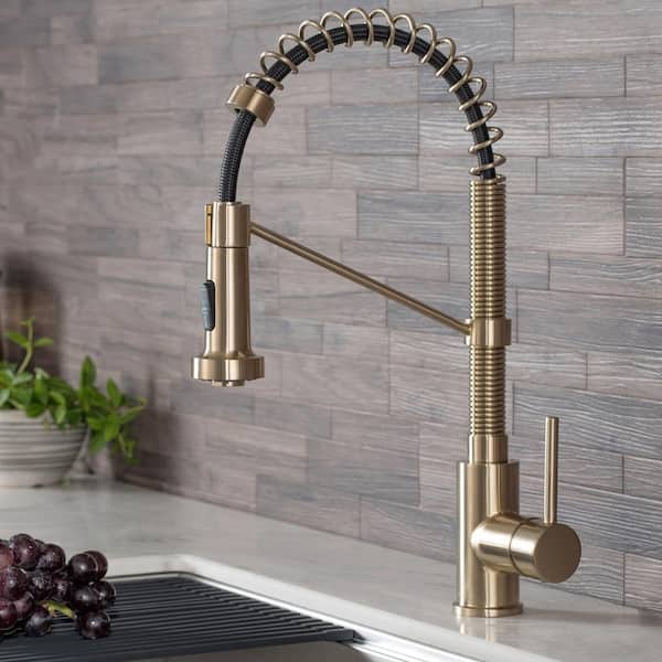 Single Handle 18-Inch Commercial Kitchen Faucet with Dual Function Pull-Down Sprayhead in Brushed Gold Finish