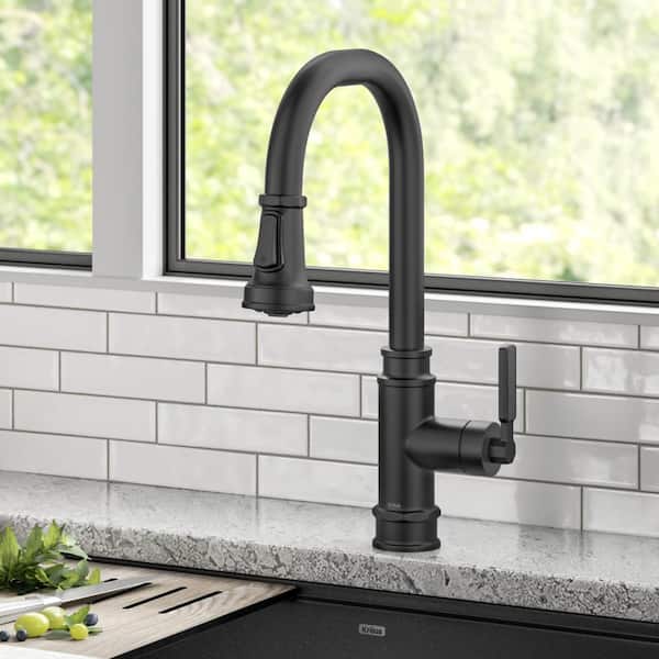 Allyn Transitional Industrial Pull-Down Single Handle Kitchen Faucet in Matte Black